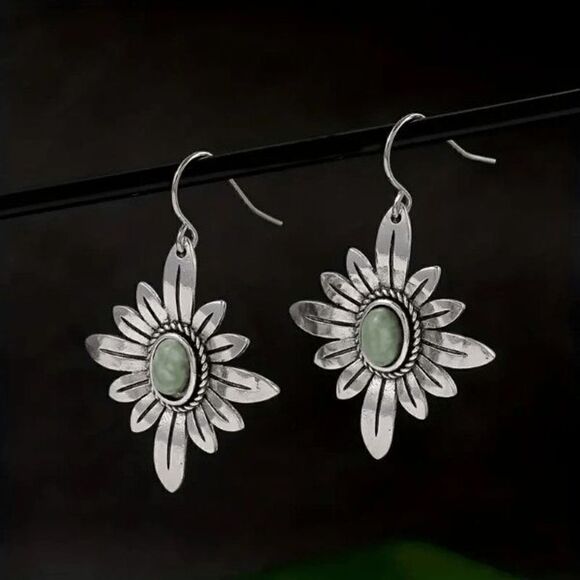 Silver Turquoise Flower Dangle Earrings - Picture 1 of 5